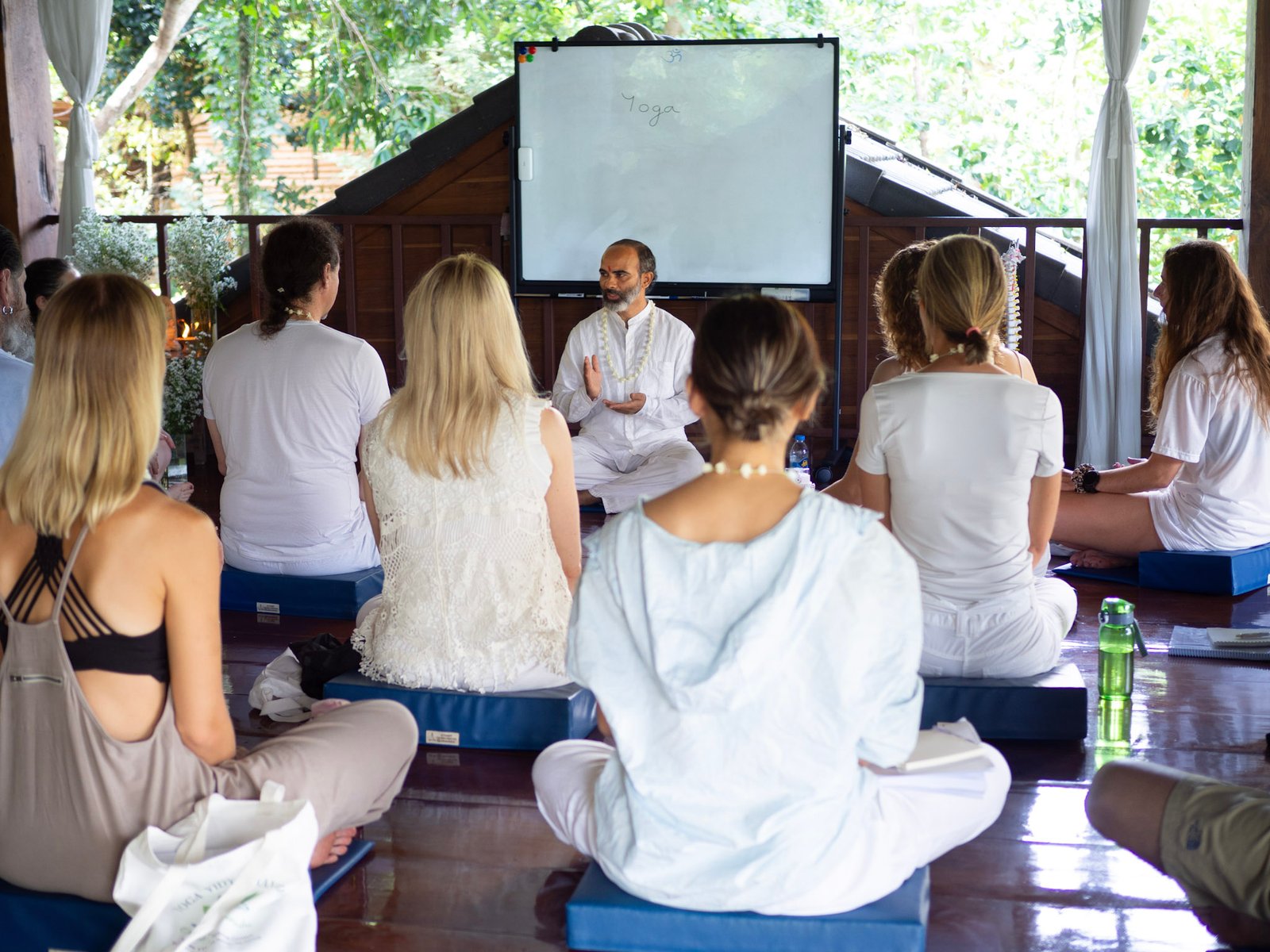Group of yoga students in a 200-hour YTT session guided by an instructor